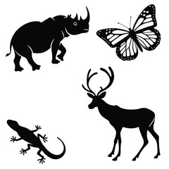 Silhouette collection of rhino butterfly deer and lizard on white background rhinoceros