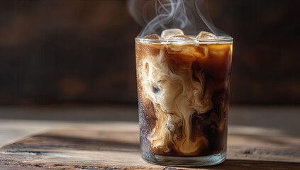 Iced coffee drink with milk swirls, steam rising