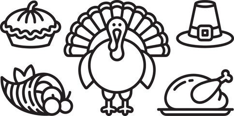 Autumnal Harvest Icons Set Featuring Turkey, Pie, Cornucopia, Roasted Bird, and Pilgrim Hat