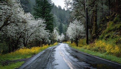 Fototapeta premium Wet road winds through a valley lined with blossoming white trees and yellow wildflowers on a cloudy day