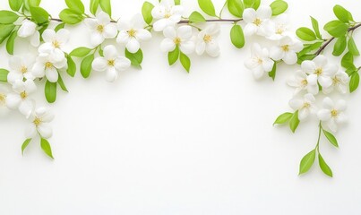 Fototapeta premium Delicate white blossoms and fresh green leaves arranged on a white background, creating a spring-like border