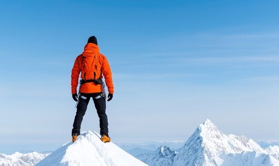 A person stands atop a snow-covered mountain peak, silhouetted against a vast blue sky. 