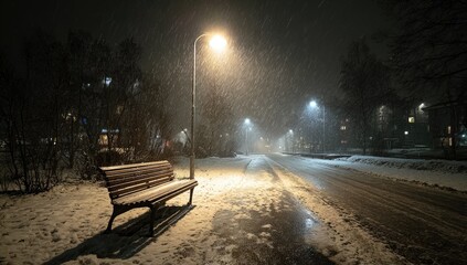 Snowy night scene with a park bench and streetlights