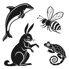 Stylized black silhouettes of a dolphin, bee, rabbit, and chameleon animal