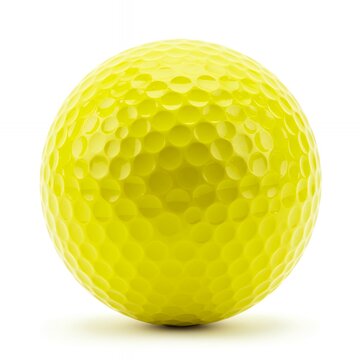 Luminous yellow miniature golf ball with precision dimple pattern and reflective surface isolated on white for junior sports equipment photography