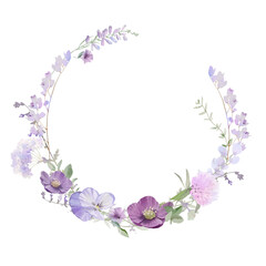 Watercolor floral illustration. Purple flower bouquet. Violet roses and lavender peonies – border, wreath, frame. Perfect for wedding stationery, greeting card