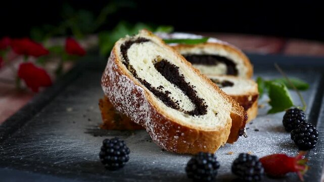 Delicious fresh pastries with poppy seed filling on the table