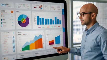 Professional using advanced KPI tracking tools and AI analytics to monitor sales growth, assess risks, and refine operational strategies in a corporate environment.
