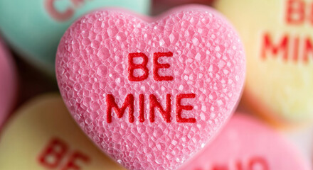 Pink candy heart with "BE MINE" text, romantic valentine treat

