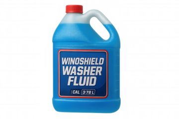 Blue windshield washer fluid in a plastic gallon jug with red cap, isolated on transparent background