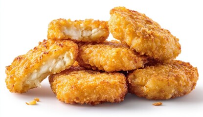 Crispy golden fried chicken nuggets, piled high.  A close-up view shows the nuggets' crunchy exterior and the pale interior