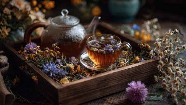 A glass teacup filled with herbal tea sits on a wooden tray.  Glass teapot, dried flowers, and muted colors create a tranquil still life - Powered by Adobe