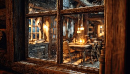Rustic cabin interior glimpsed through a weathered window