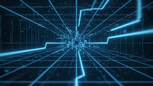 Blue glowing grid forms a receding tunnel Geometric shapes  perspective lines enhance depth