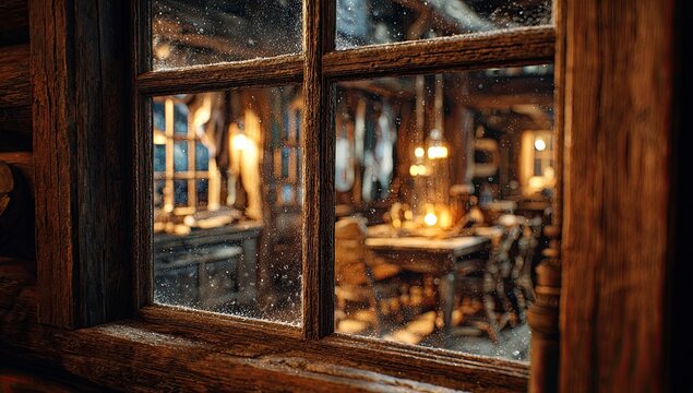 Rustic cabin interior glimpsed through a weathered window