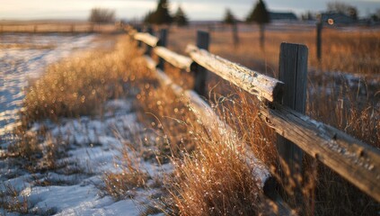 Rustic wooden fence in a snowy field at sunset (1)