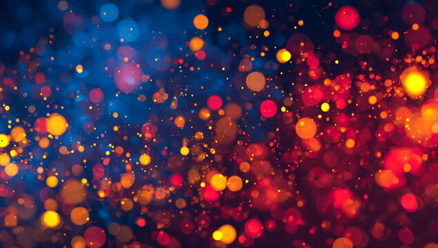 Red and gold particles of varying sizes, a bokeh background, a dark blue and black background, and red and yellow dots.