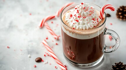 Indulgent peppermint hot chocolate topped with whipped cream, sprinkled with festive red sugar crystals and adorned with a classic candy cane, creating a cozy winter beverage experience.