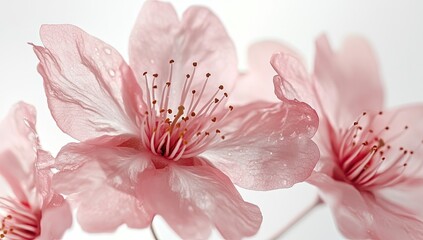 Fototapeta premium Close-up of delicate, pale pink cherry blossoms, highlighted by water droplets. Soft focus emphasizes the intricate detail of the petals and stamens