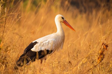 Fototapeta premium Close stork portrait in orange meadow light, attentive pose