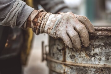 Fototapeta premium A close-up shot of a person's worn, dirty glove gripping the rusty edge of a metal drum, highlighting a scene of hard work and physical labor.