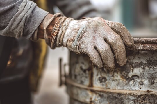 A close-up shot of a person's worn, dirty glove gripping the rusty edge of a metal drum, highlighting a scene of hard work and physical labor.