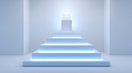 Fototapeta premium Light-blue illuminated steps form a pyramid-shaped display platform.