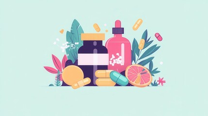 Colorful Vitamins and Supplements on a Soft Background
