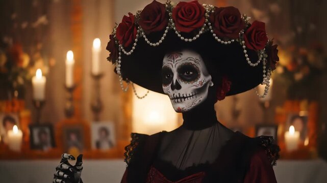 Woman in Day of the Dead attire with skull makeup and floral hat in front of candles and altars. Theatrical and ceremonial setting.