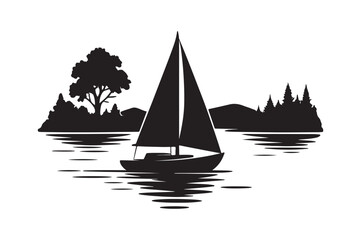 Sailboat on the lake silhouette vector art illustration on white background