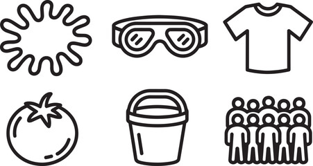Songkran Festival Icons Set Outline Style, Splatter, Goggles, Shirt, Tomato, Bucket, People Group