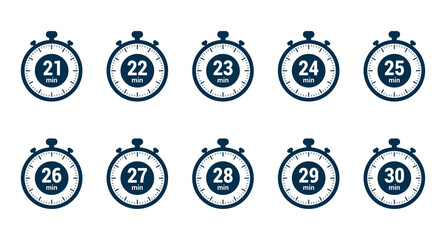 21, 22, 23, 24, 25, 26, 27, 28, 29 and 30 min clock icon time vector illustration design symbol