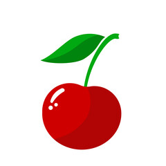Cherry with leaf and stem, flat vector icon