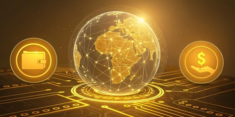 Global digital finance concept with glowing globe, wallet, and dollar sign on circuit board