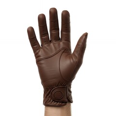 Brown leather golf glove palm side displaying anatomical seam construction and perforated finger ventilation pattern
