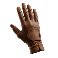Tan brown premium leather golf glove with perforated ventilation holes and adjustable velcro wrist strap closure