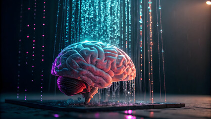 A Detailed 3 D Render of a Human Brain Illuminated with Teal and Pink Binary Code Cascading Downward onto a Dark Surface
