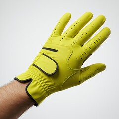 Yellow synthetic golf glove with black trim and ventilation holes displayed on male hand against neutral background for product photography