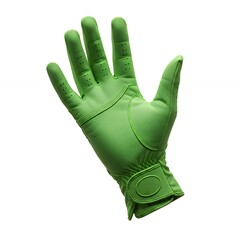 Bright lime green synthetic golf glove with black piping and breathable perforations displayed on open hand for sports equipment catalog