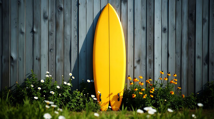 Bright yellow surfboard leaning against a weathered wooden fence with flowers