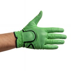 Professional lime green golf glove palm side showing perforated breathability design and secure velcro wrist closure on male hand