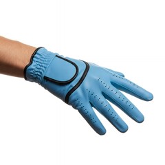 Sky blue golf glove with synthetic leather palm and hook-and-loop wrist closure on male hand isolated white background