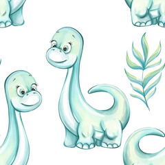 Cute cartoon dinosaurs surrounded by leaves create a vibrant seamless pattern perfect for wallpaper design and childrens room decoration