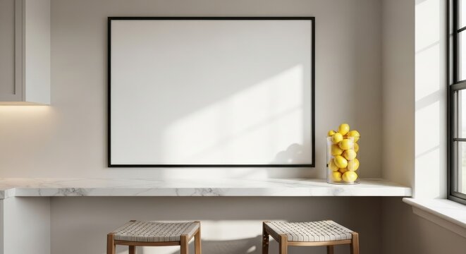 Modern kitchen mockup with blank frame, stylish stools, and fresh lemons for design