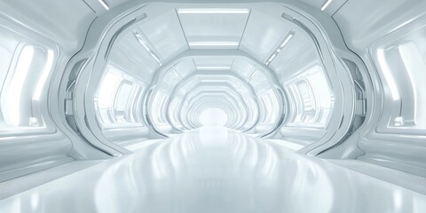 Obraz premium A sleek, white, futuristic tunnel stretches into the distance. Smooth, curved walls and arched windows bathe the space in light