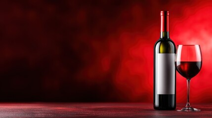 Capture the essence of celebration with this stunning image featuring a red wine bottle alongside a elegantly filled glass set against a vibrant backdrop, perfect for promotions.