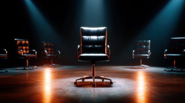 An elegant ergonomic office chair captures attention under dramatic lighting, emphasizing its sleek design and comfort while inviting contemplation of productivity and workspaces.