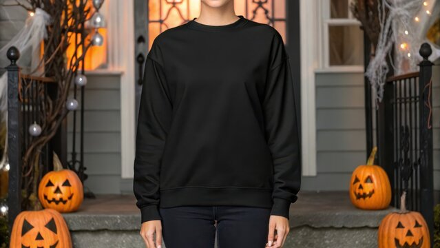 Stylish black sweatshirt mockup featuring a model, perfect for showcasing apparel designs for Halloween or casual wear.