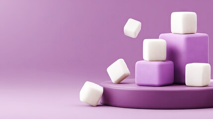 Stacked, cascading, geometric shapes in light purple and white.