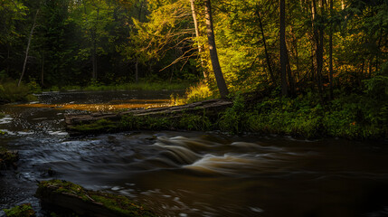 Fototapeta premium Gentle stream flowing through a lush green woods, inviting peace and tranquility amid nature